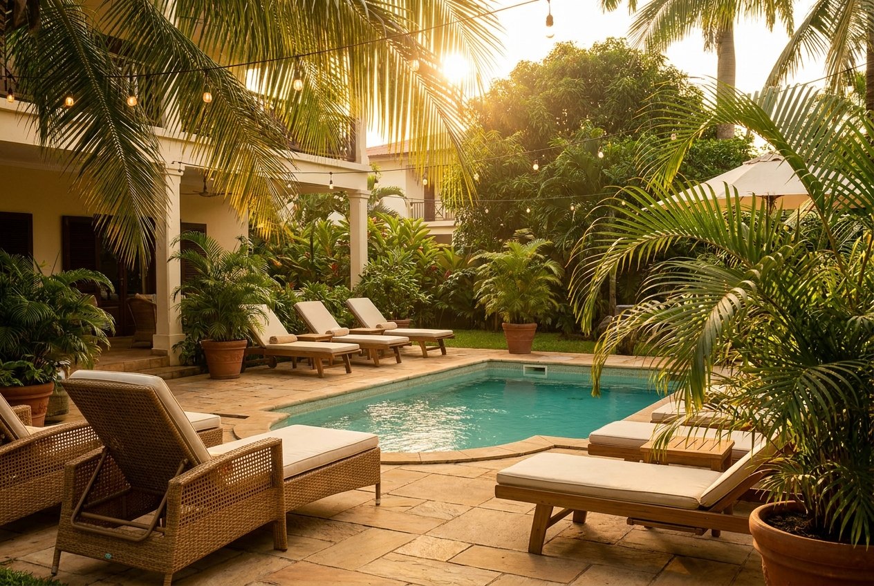 Terrasse ensoleillée avec piscine, transats et palmiers au coucher du soleil